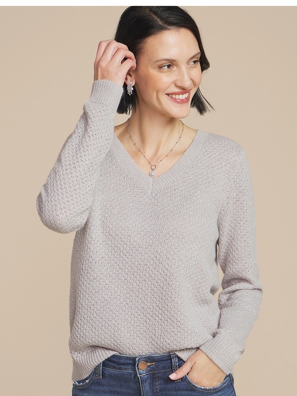 Light Gray Metallic Weave V-Neck Knit Sweater - Women